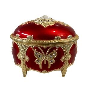 Splendid Music Box Red Enamel Crystal Embellished Butterfly Trinket Jewelry Box